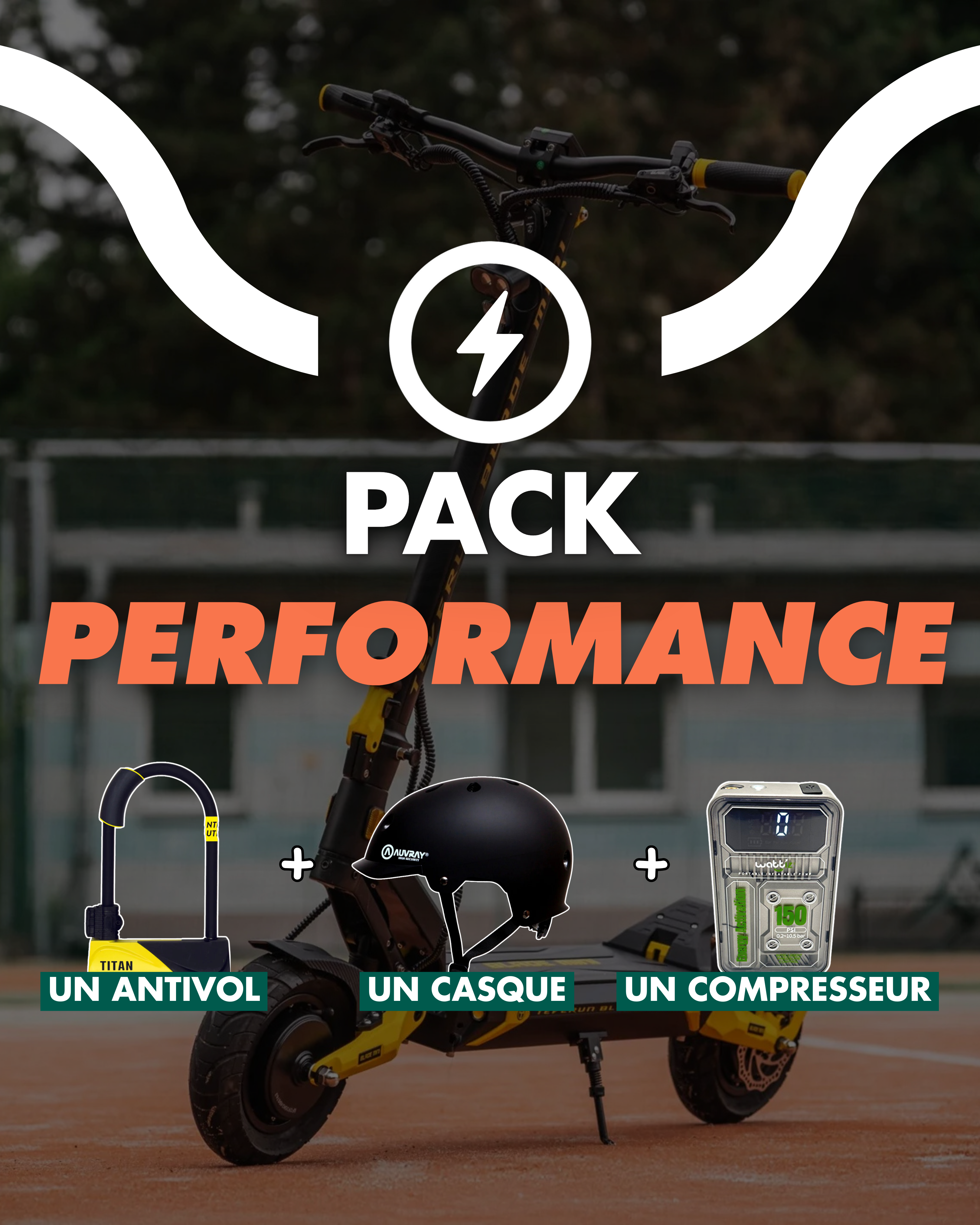 Pack PERFORMANCE : casque + antivol + compresseur portatif